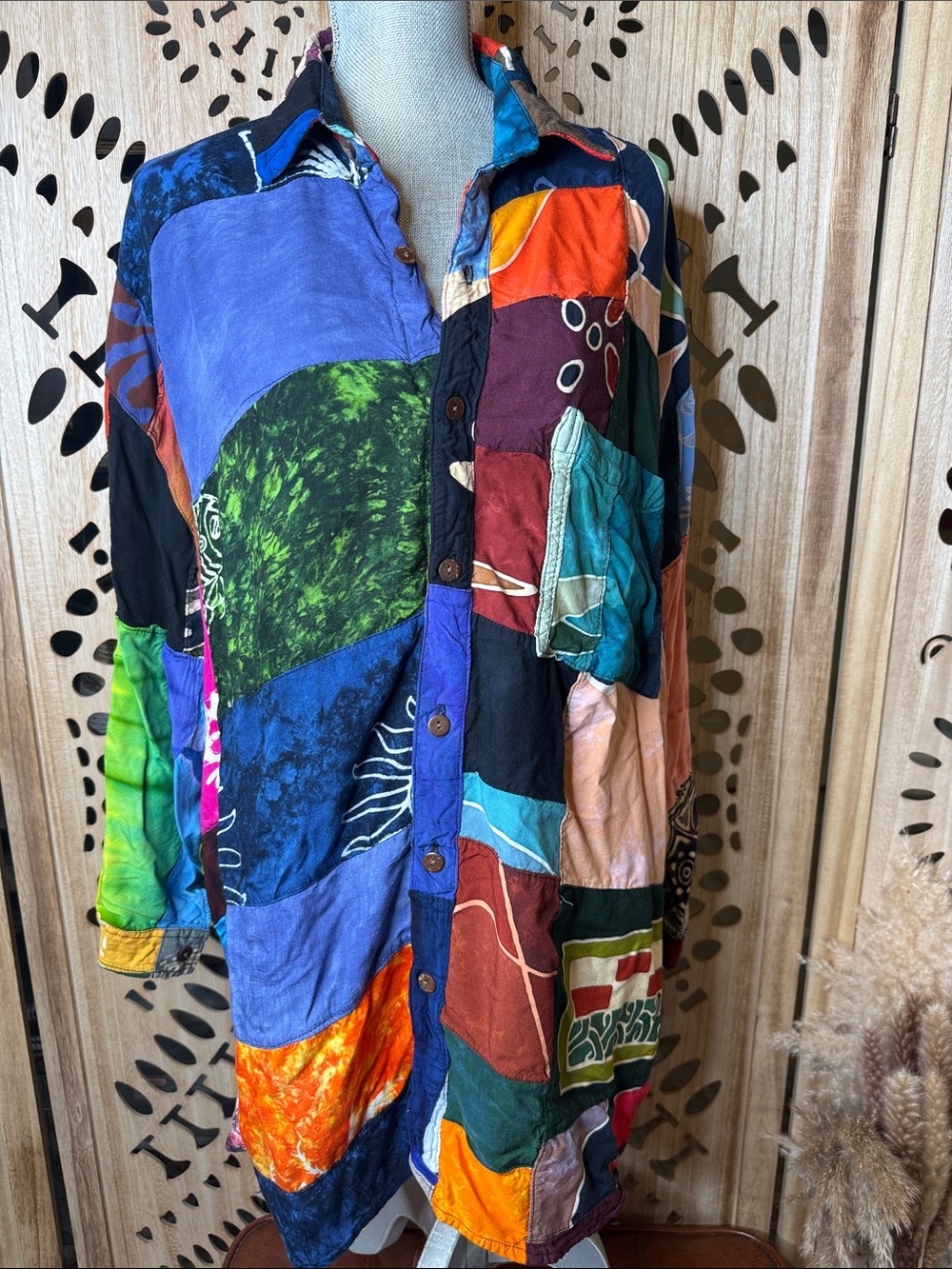 Vintage! Colorful Patchwork Button-Down Shirt Dress - Multicolor